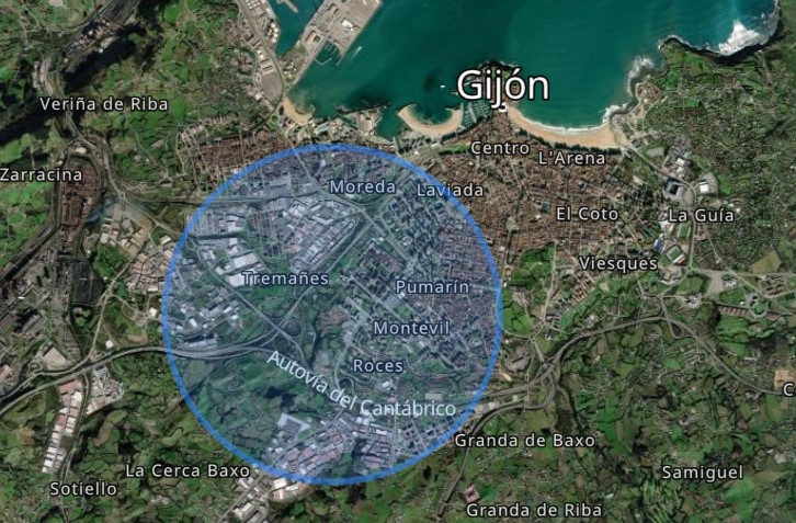 Mapa del radio de acción de 2km de la Comunidad Energética